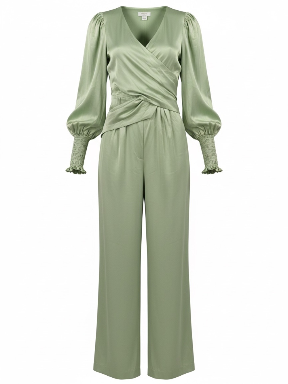Collective The Label Petite Sage Satin Smocked Cuff Wide Leg Jumpsuit Sz 10 NWT